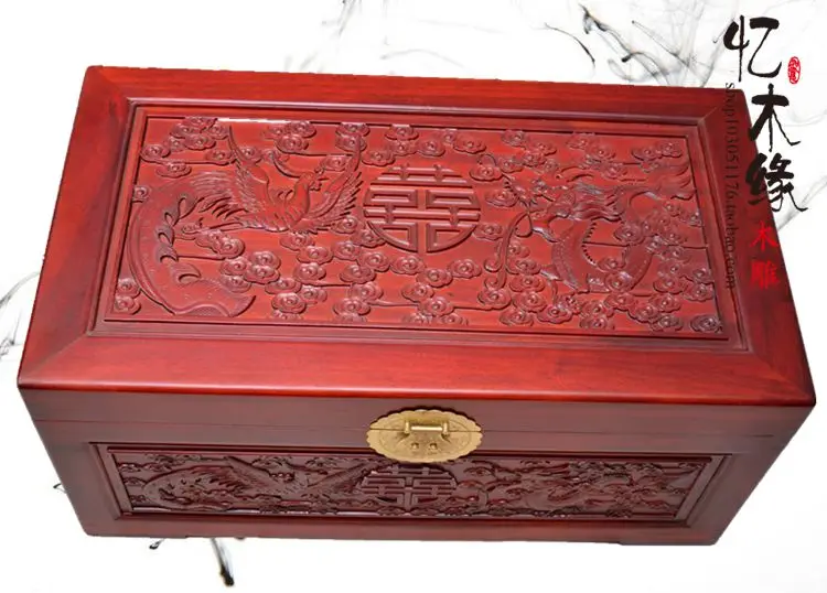 Antique wooden box containing camphor BOX WEDDING dowry calligraphy carved wood gift box of suitcase dragon Double Happiness