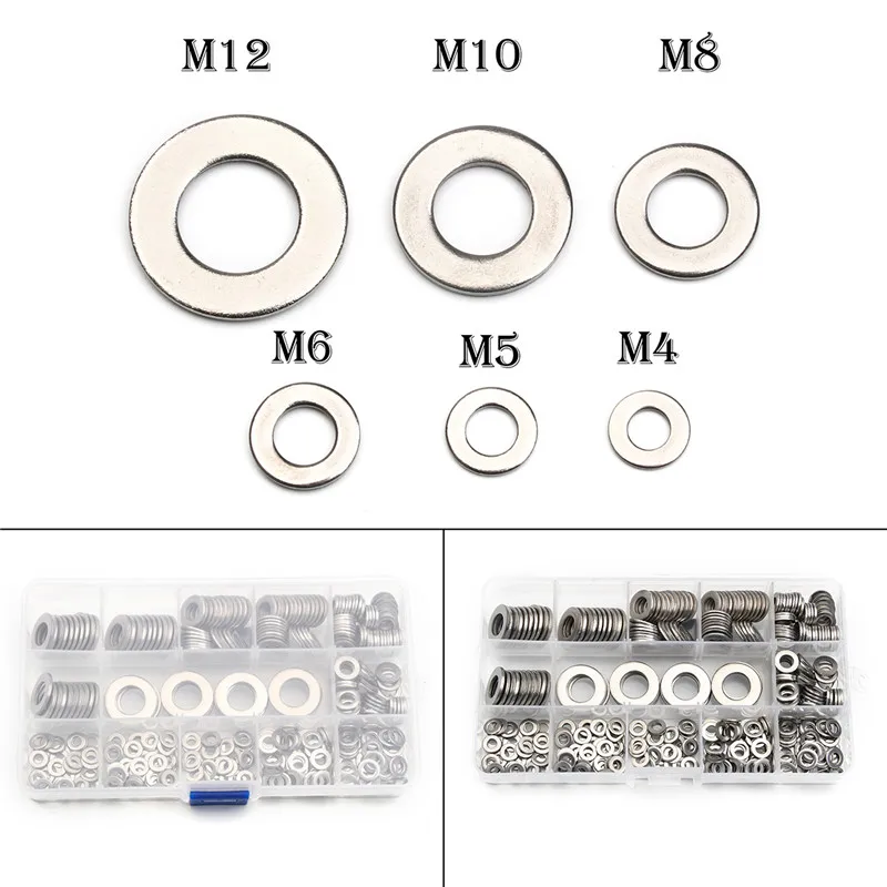 

M4/M5/M6/M8/M10/M12 Durable Stainless Steel Flat Washer Lock Screw Gasket Plain Washer Metric Assortment Set With Box 395pcs/Set