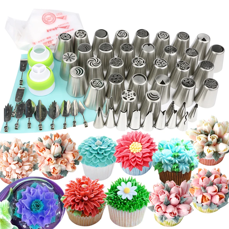 Cake Decorating Nozzle Set Stainless Steel Russian Piping Tips Plus 2 Couplers and 10 Disposable Pastry Bags 3D jelly tools