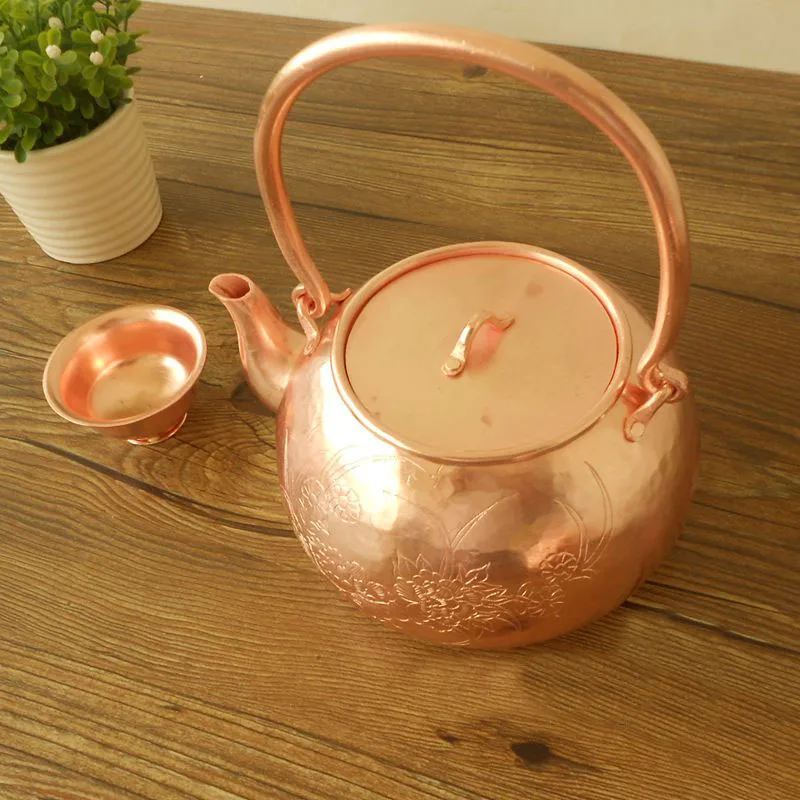 Pure Copper Tea Kettle Teapot with Lid Handle Flower Carving Exquisite Thick Handmade Gift