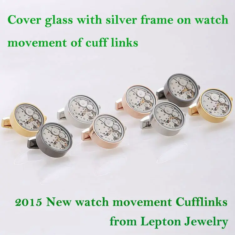 Lepton New 2015 Non-Functional Watch Cufflinks and Cover glass with silver color frame on Movement cuff links for mens Gift