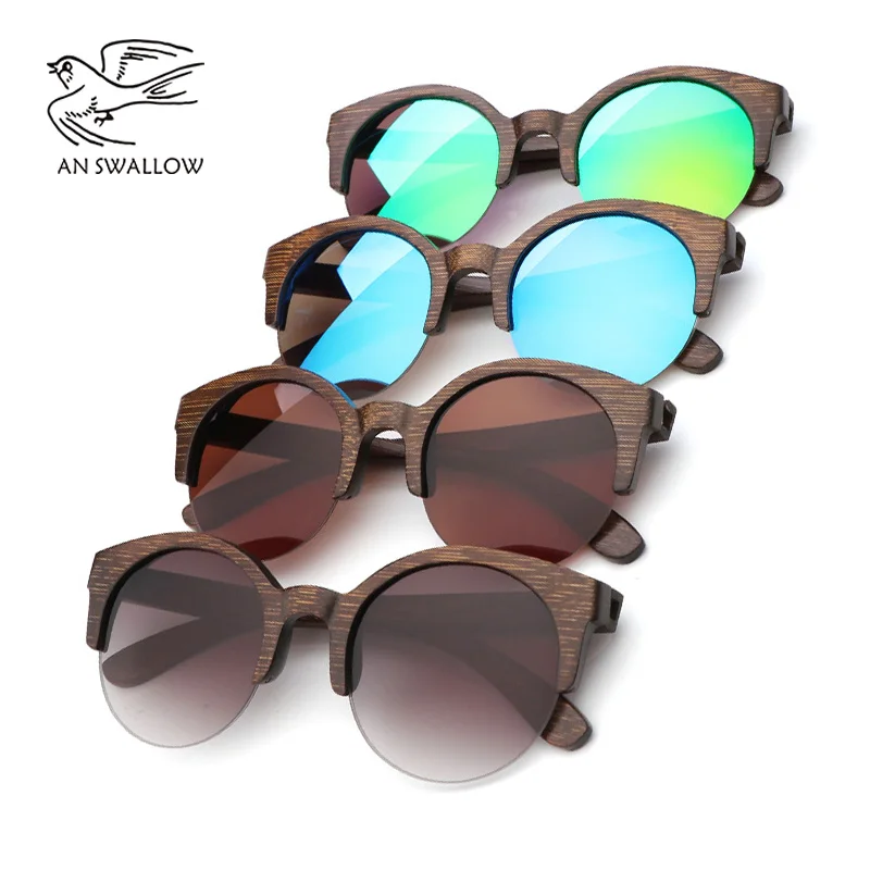 Bamboo Semi-Rimless Sunglasses Women 2018  Fashion Sunglasses Pure Bamboo Men Polarized Shades For Women UV400 Retro Sunglasses