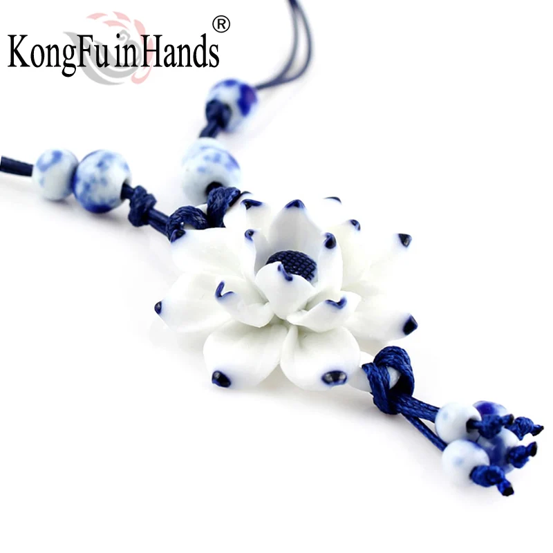 Handmake Vintage Lotus Flower Pendant Necklace Sweater Chain Blue and White Ceramic Accessory Chinese Style Souvenir Handicraft