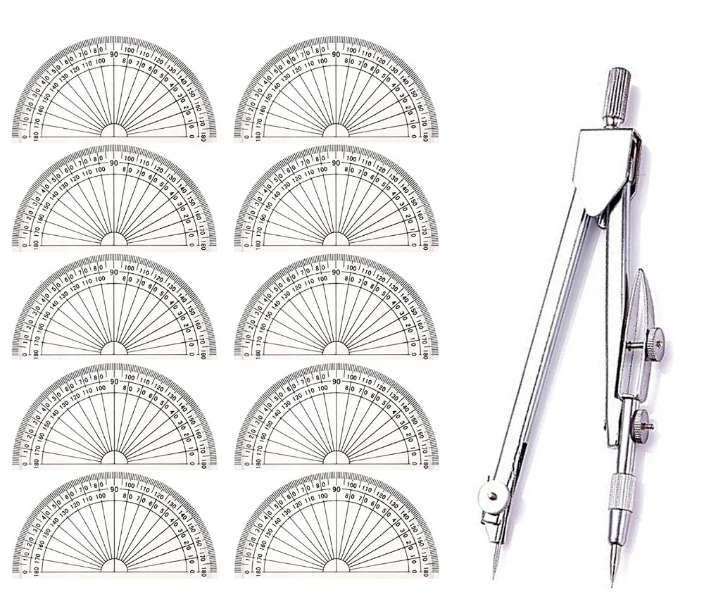 

Student Drawing Compass Math Geometry Tools Plastic Protractor(1 Compass +10 Protractor)