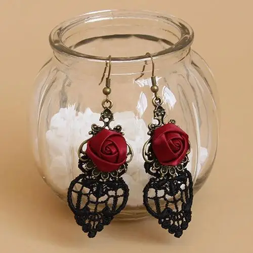 Fashion Jewelry Elegant New Arrival Red Color Rose Design Creative Flower Memorable Heart Pendant Earring For Girfriend