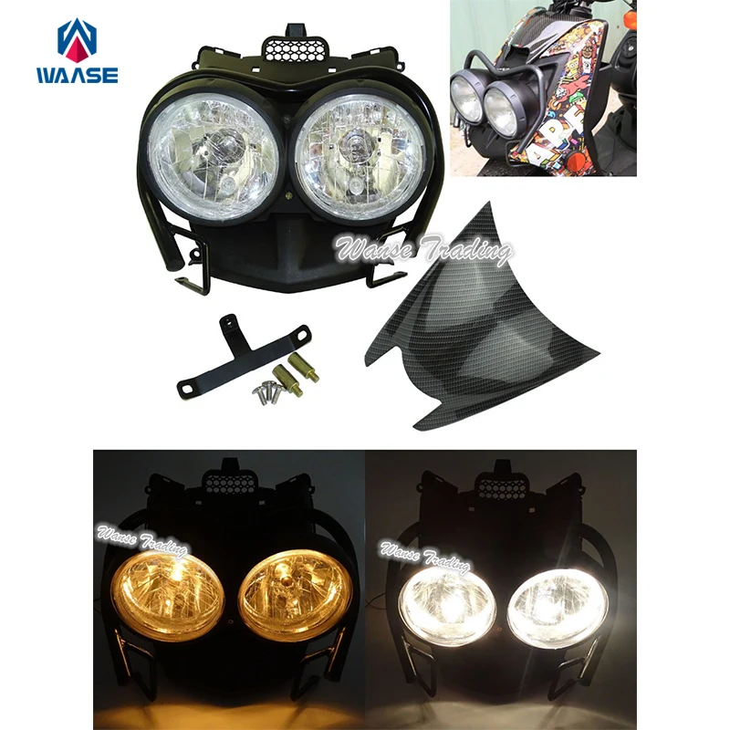 waase Bug Eyed Dual Head Light Lamp Headlight Headlamp + Upper Top Cover Carbon Look + Guard Set For YAMAHA Zuma BWS 125 YW125