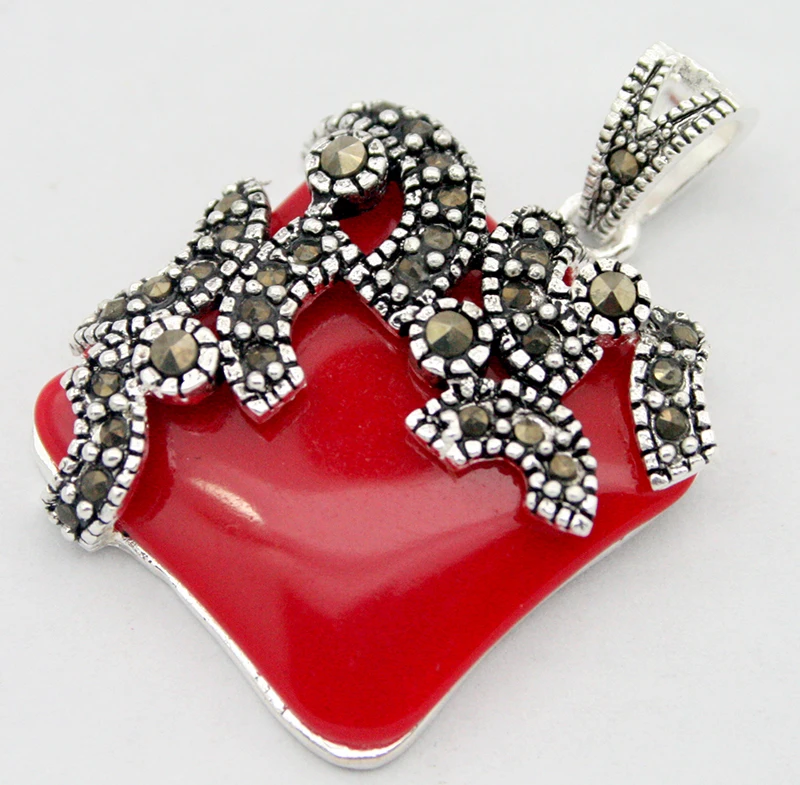 wholesale good S STERLING  & MARCASITE INLAY NATURAL RED CORAL PENDANT 20*20mm