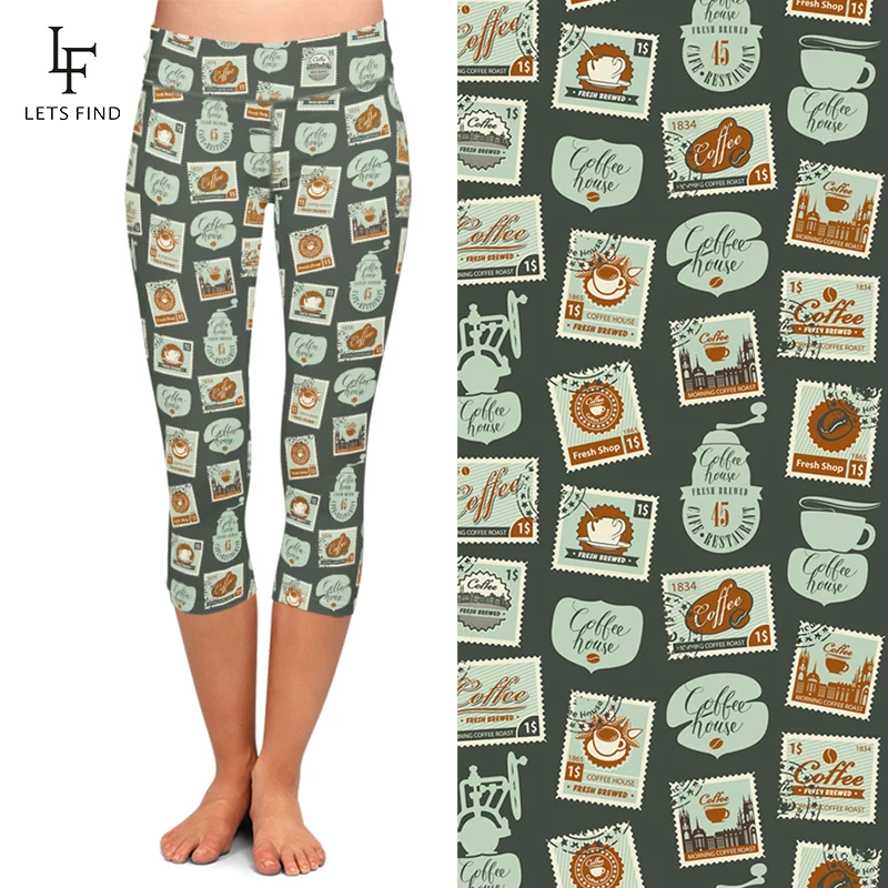 LETSFIND – Leggings Capri pour femmes, nouveau Design, imprimé de timbres, mi-mollet, Fitness, taille haute, décontracté, été, 3/4