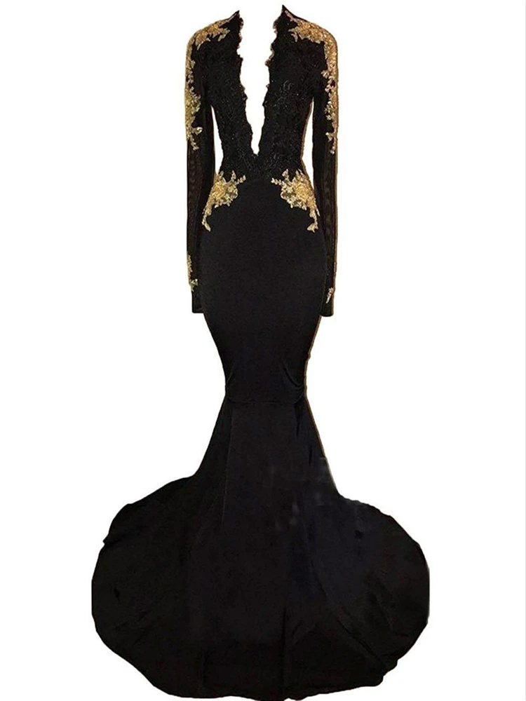 Vestido de fiesta largo con cuello en V, prenda Formal de estilo árabe, de sirena, color negro, apliques dorados, manga larga, para desfile, Dubái, 2021