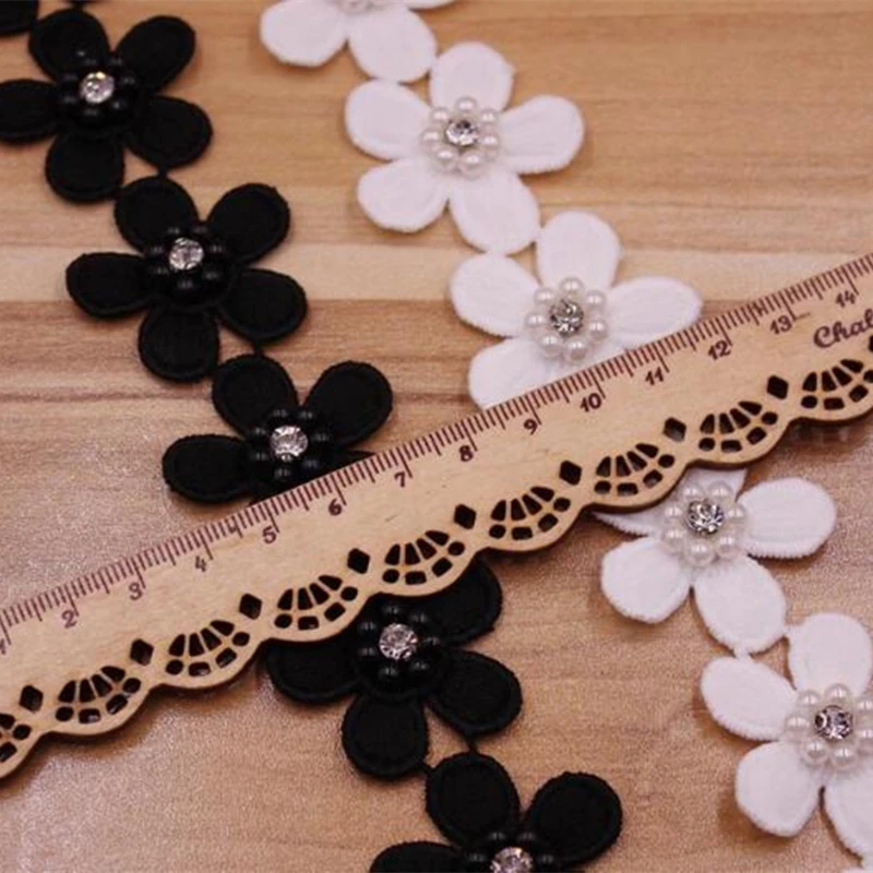 Black White Pearl Flower Handmade Beaded Embroidered Lace Edge Trim Ribbon Double Layered Applique Dress DIY Sewing Craft