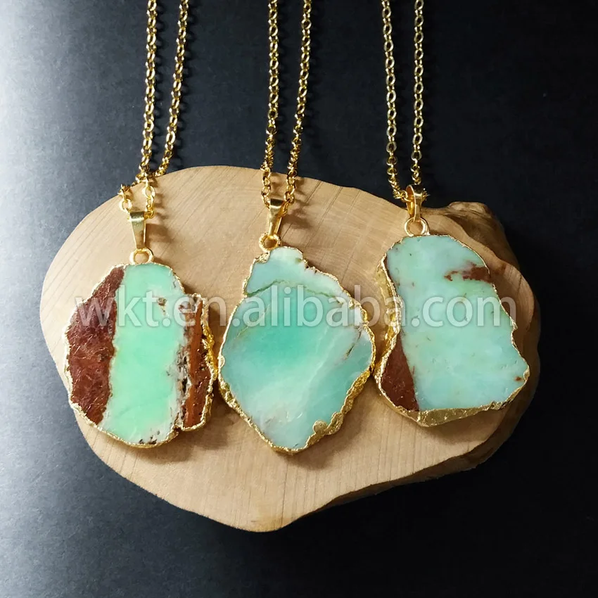 

WT-N594 Wholesale Raw chrysoprase stone necklace ,WKT jewelry raw stone necklace in gold color for women jewelry making