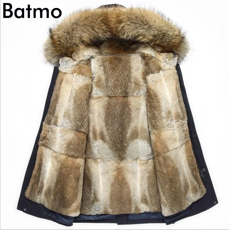 Batmo-Chaqueta de piel de conejo con capucha para hombre, abrigo cálido con Cuello de piel de mapache, color azul, alta calidad, invierno, 2023