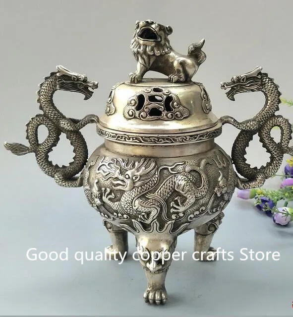 

Collectible archaize white copper Double dragon ear incense burner