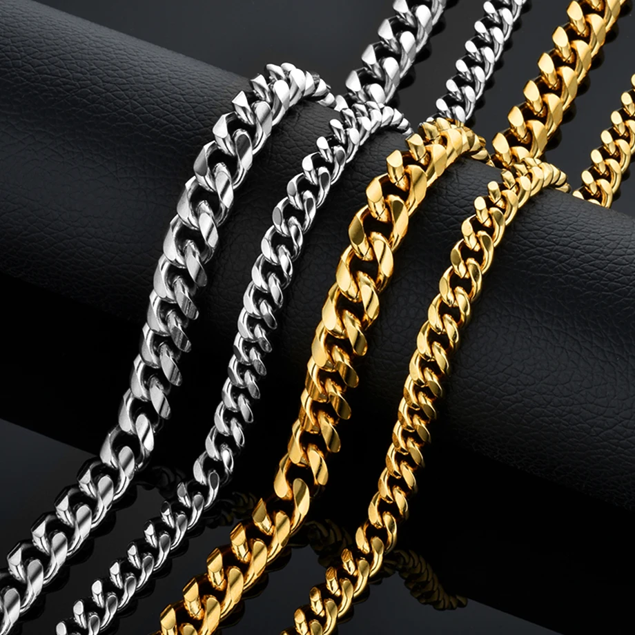 Hiphop Men\'s Thick Neck  Gold Color Stainless Steel Heavy Miami Curb Cuban Link Chains For Men Necklaces Male Jewelry