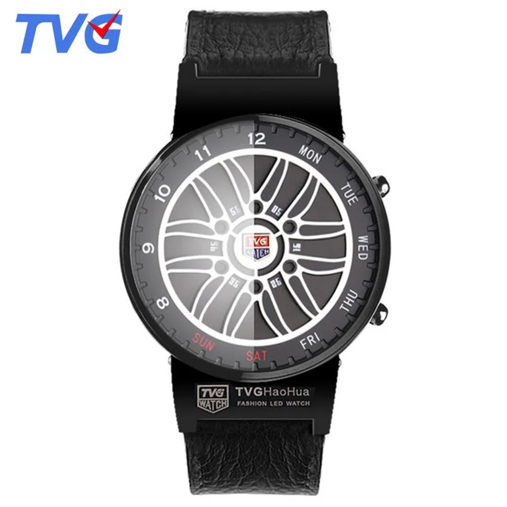 Top Brand TVG Led Watch Men Creative Car Roulette Blue Led Dispaly Binary Watch Men Fashion Men Sports Watches relogio masculino