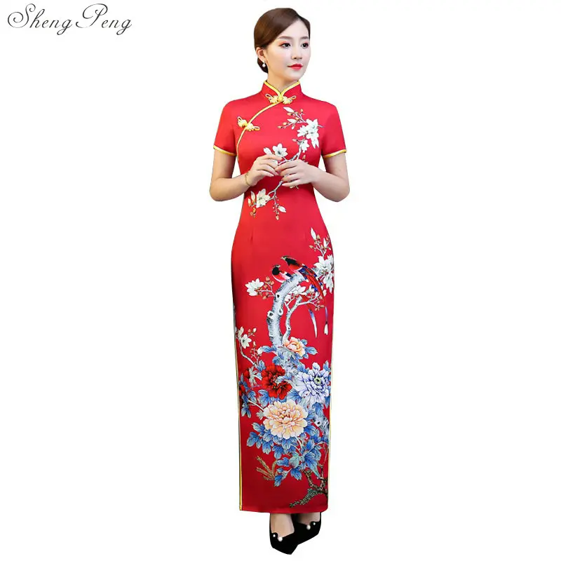 

Chinese Traditional Women Dress Costume Tight Long Cheongsam Tang Suit Print Split Ends Sexy Bodycon Dress Qipao Q742