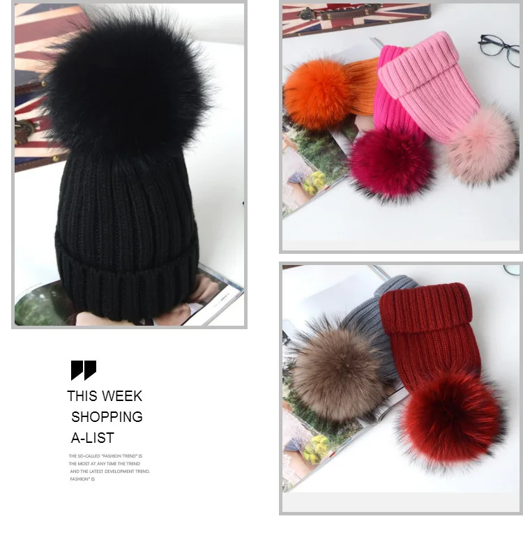 Hot Winter Big Real Fur Pompoms Knitted Beanies Caps New Thick Warm Knit Hats Gorras For Girls Women Boy and Child