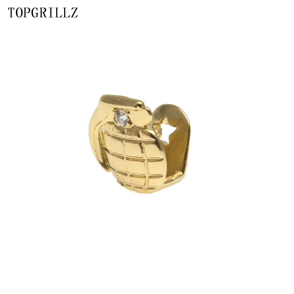 TOPGRILLZ New Fit Gold Color Plated Hip Hop Single Grenade Tooth Grillz Cap Top & Bottom Grill gold teeth caps.Gift