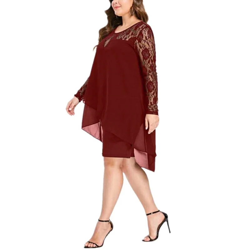 

Summer large size XXL-5XL women's long section round neck stitching lace long sleeve sexy dress