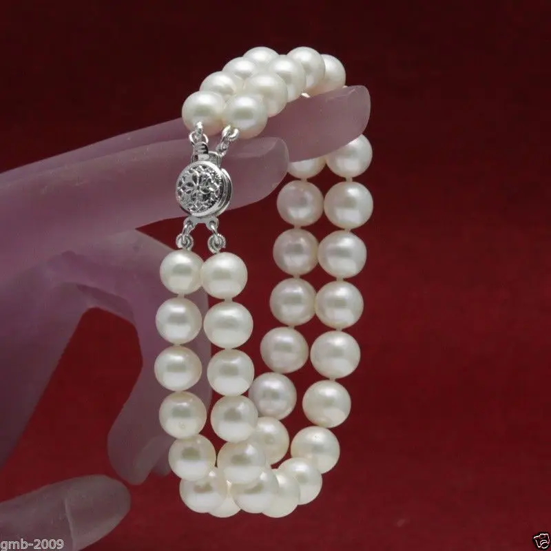 Woman's  New gift AAA+ 2 Rows 7-8mm White Natural Freshwater Akoya Pearl Bracelet 7.5-7.8