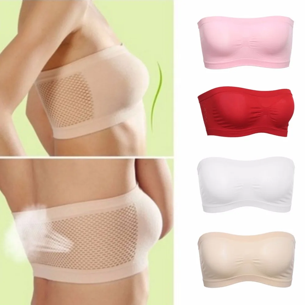 Women One Size Strapless Seamless Stretch Bandeau Tube Bra Top Back Mesh Solid