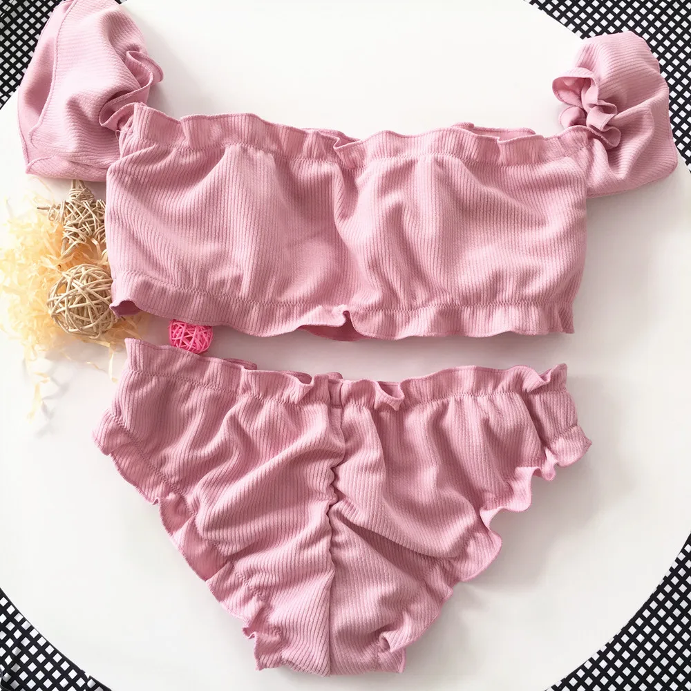 2024 Bandeau High Cut Bikini Set Swimsuit Female Swimwear Women Bathing Suit Smocked Sexy Bikinis Off Shoulder Swim Suit Pink