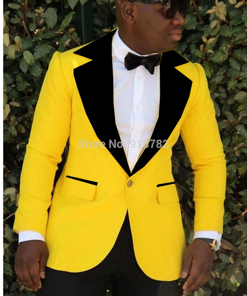 

2019 Yellow Jacket Prom Men Wedding Suits Black Peaked Lapel Mens Tuxedo Groom Groomsman Best Man Slim Fit Mens Suits With Pants