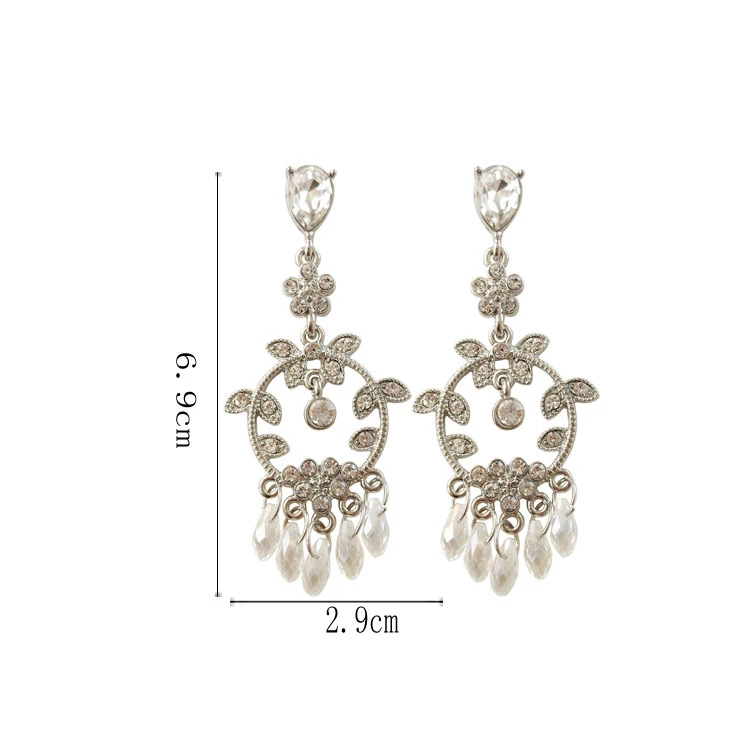 Long Water Drop Shape Crystal Earrings Vintage Royal Shinny Rhinestones Leaves Gorgeous Clip On Earrings Non Pierced for Women