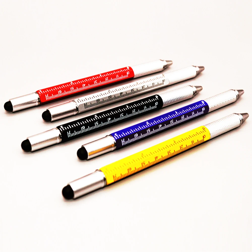 100pcs/lot Multifunction 6 in 1 Metal Tool Ballpoint Pen Screwdriver Ruler Spirit Level with a Top and Scale Tool Pen