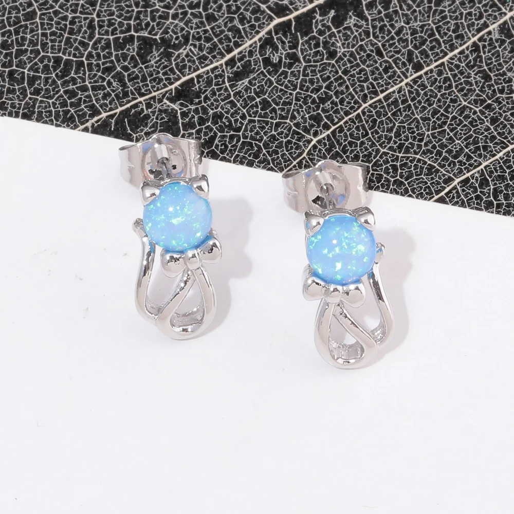 CiNily مكون الأزرق والأبيض النار أوبال وأقراط فضية اللون جميل القوس عقدة القط أقراط لطيف مجوهرات للنساء الفتيات هدايا