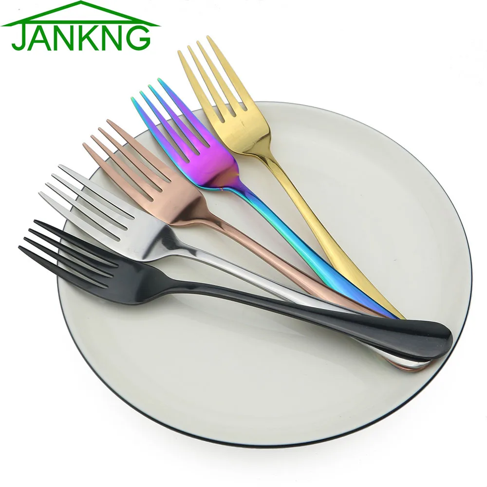 JANKNG Black Dinner Fork Colorful Rainbow Dinnerware Korean Flatware Dessert Salad Fork Long Handle Tableware Forks Cutlery