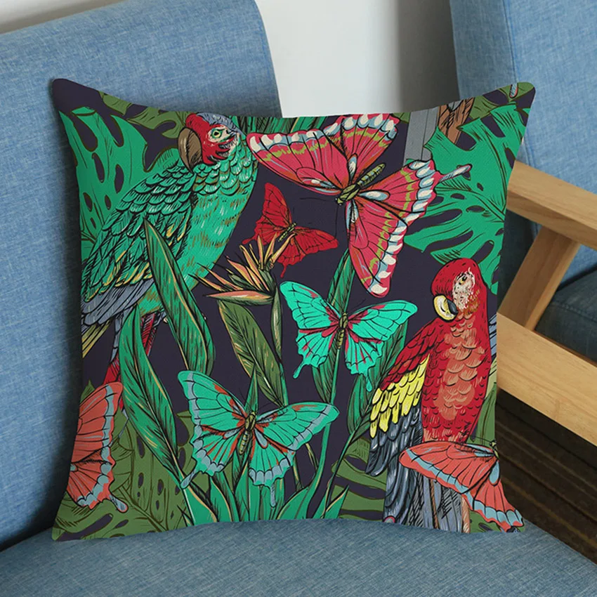 Tropical Plant Leaves Flowers Flamingo Bird Parrot Home Decoration Couch Cushion Office Chair Back Pillow for Sofa Linen Cotton