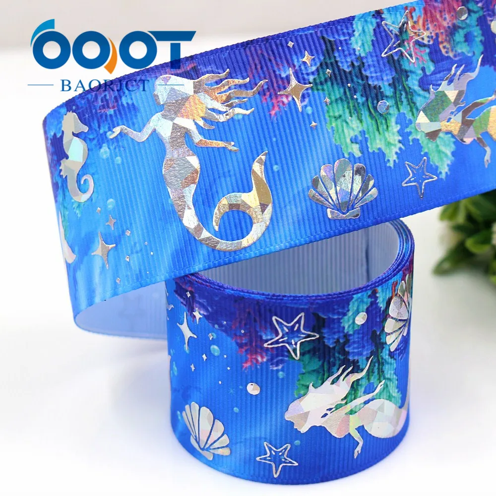 OOOT BAORJCT G-18720-662,38 mm 10 yards laser Silver The underwater world Printed grosgrain ribbon DIY headdress gift wrap