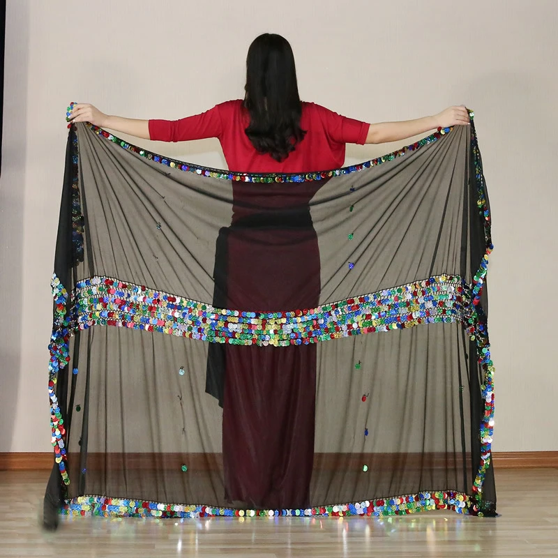 

Belly Dance Silk Veils Hand Thrown Scarf Shawl 230cm*140cm Malaya Silk Veil 3 Color Sequins Belly Dancer Accessories For Women