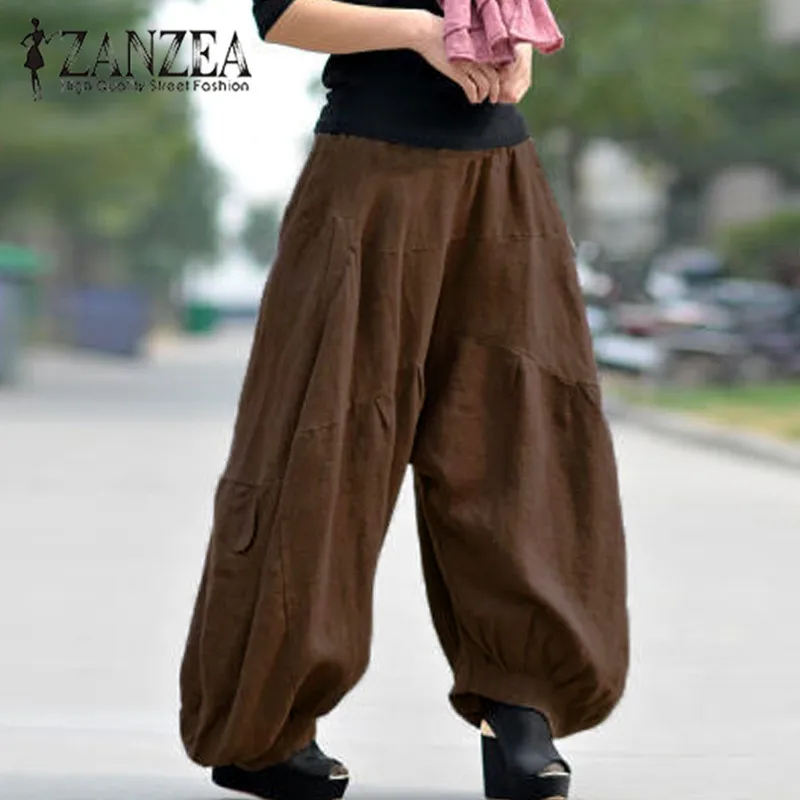 2023 ZANZEA Women High Elastic Waist Lantern Pantalon Loose Baggy Cargo Pants Solid Cotton Linen Long Wide Leg Trousers Oversize