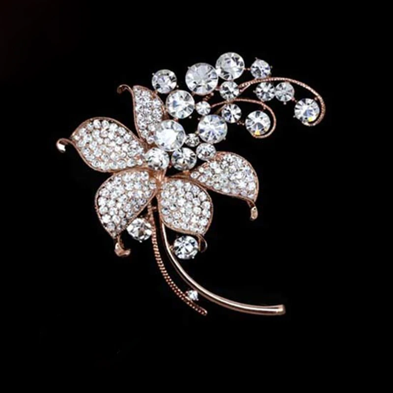 Big New Elegant Pink Crystal Flower Brooch Rhinestone Pin Romantic Wedding Bride Bridesmaid Large Brooches For Woman Jewelry