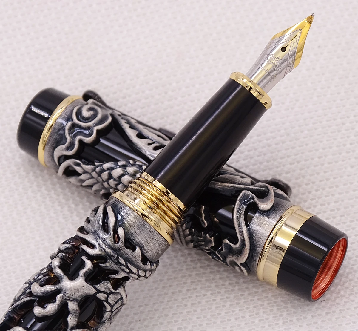 

Jinhao Dragon Phoenix Vintage Luxury Gray Calligraphy Pen Fountain Pen Iraurita Bent Nib Full Metal Carving for Art Office Gift