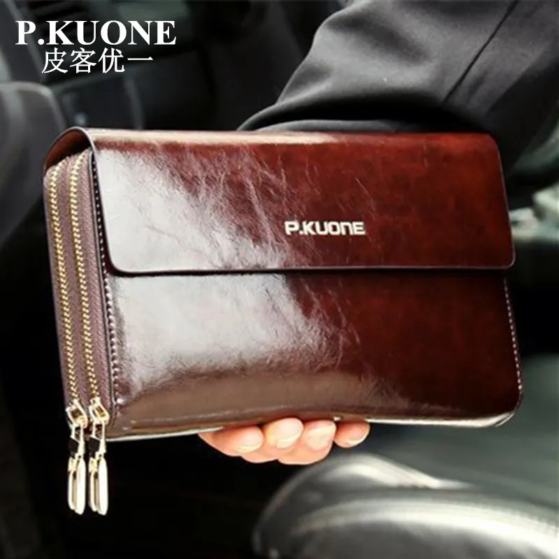 Hot Sale! New 2024 Luxury Shining Oil Wax Cowhide Men Clutch Bag Long Genuine Leather men wallets Double Layer Business Clutch