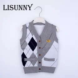 2023 Autumn Spring New Kids Boy Sweater Vest Children Clothing Plaid Stitching Coat Baby Cotton thick top Boys Cardigan Vest