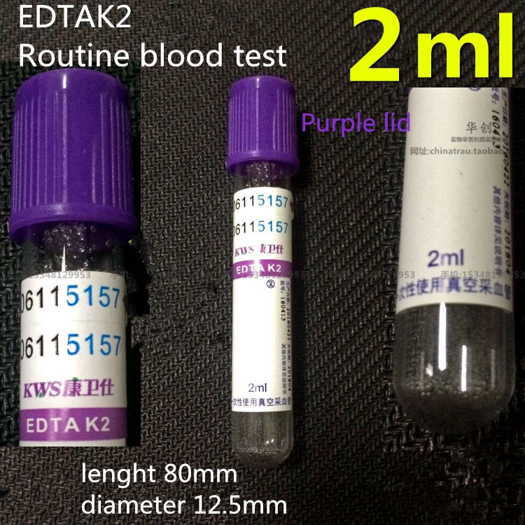 medical Disposable 2ml Vacuum blood vessel EDTAK2 Purple lid Routine blood test tube Purple cap Anticoagulant Collecting tube