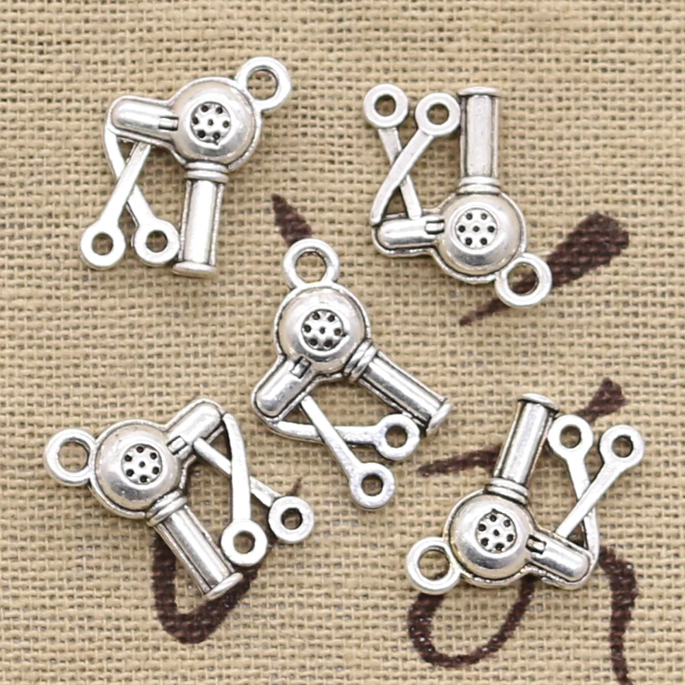 20pcs Charms Barbershop Hair Dryer Scissors 15x12mm Antique Silver Color Pendants Making DIY Handmade TibetanJewelry