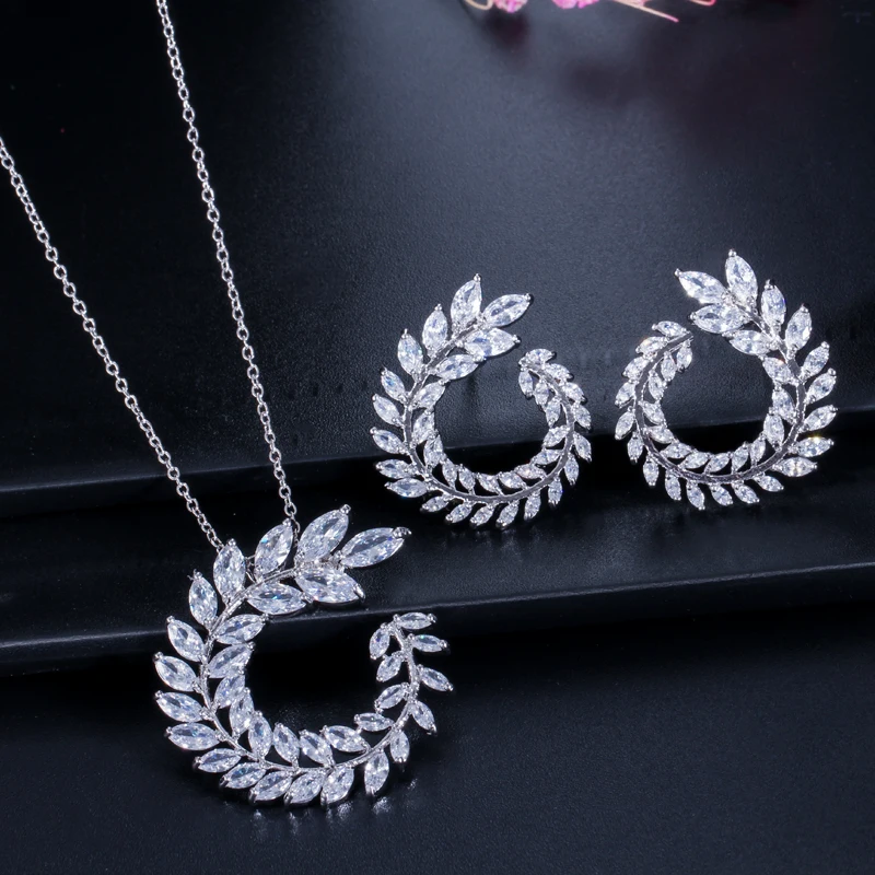 CWWZircons Fashion Women Costume Jewelry Sparkly Olive Branch Marquise Cut Cubic Zirconia Pendant Necklace and Earring Sets T087