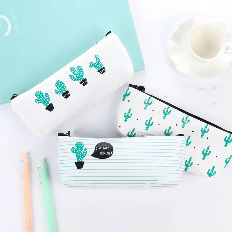 Brief Style Green Cactus Canvas Large Capacity Pencil Bag Stationery Storage Organizer Case School Supply