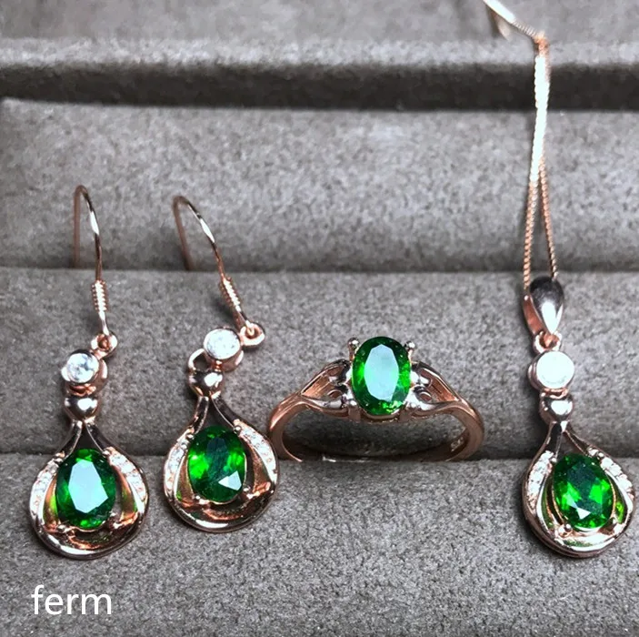 

KJJEAXCMY exquisite jewelry 925 pure silver inlaid natural Siberia emerald female rings Pendant Earrings 3 sets