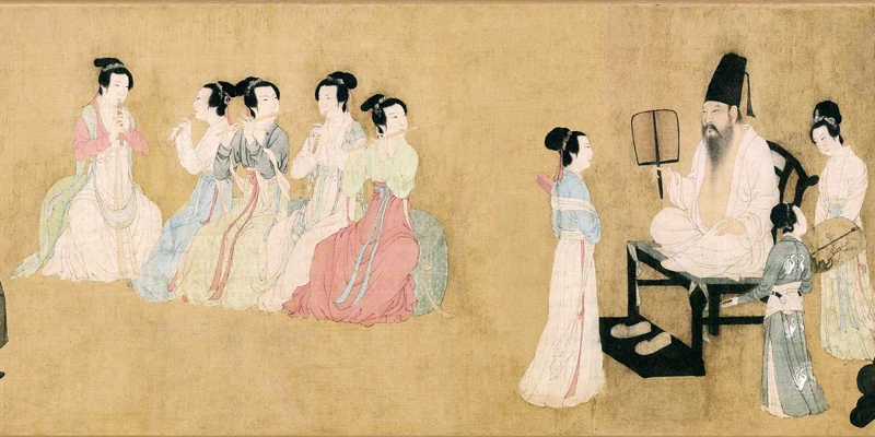 traditional Chinese painting masterpiece canvas prints Emperor listening to music from the Banquet of Han Xizai by Gu Hongzhong