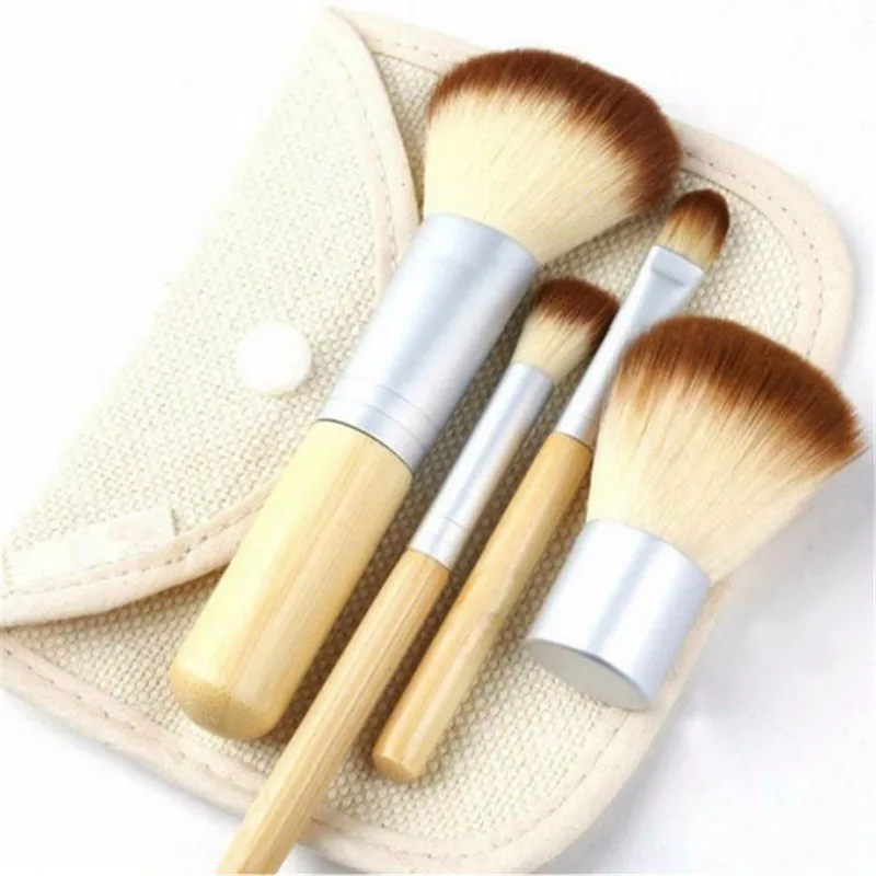 4 in 1 Eco-Friendly Bamboo Handle High Quality Small Professional Face Makeup Make Up Cosmetic Brush Set Kit Tool With Bag