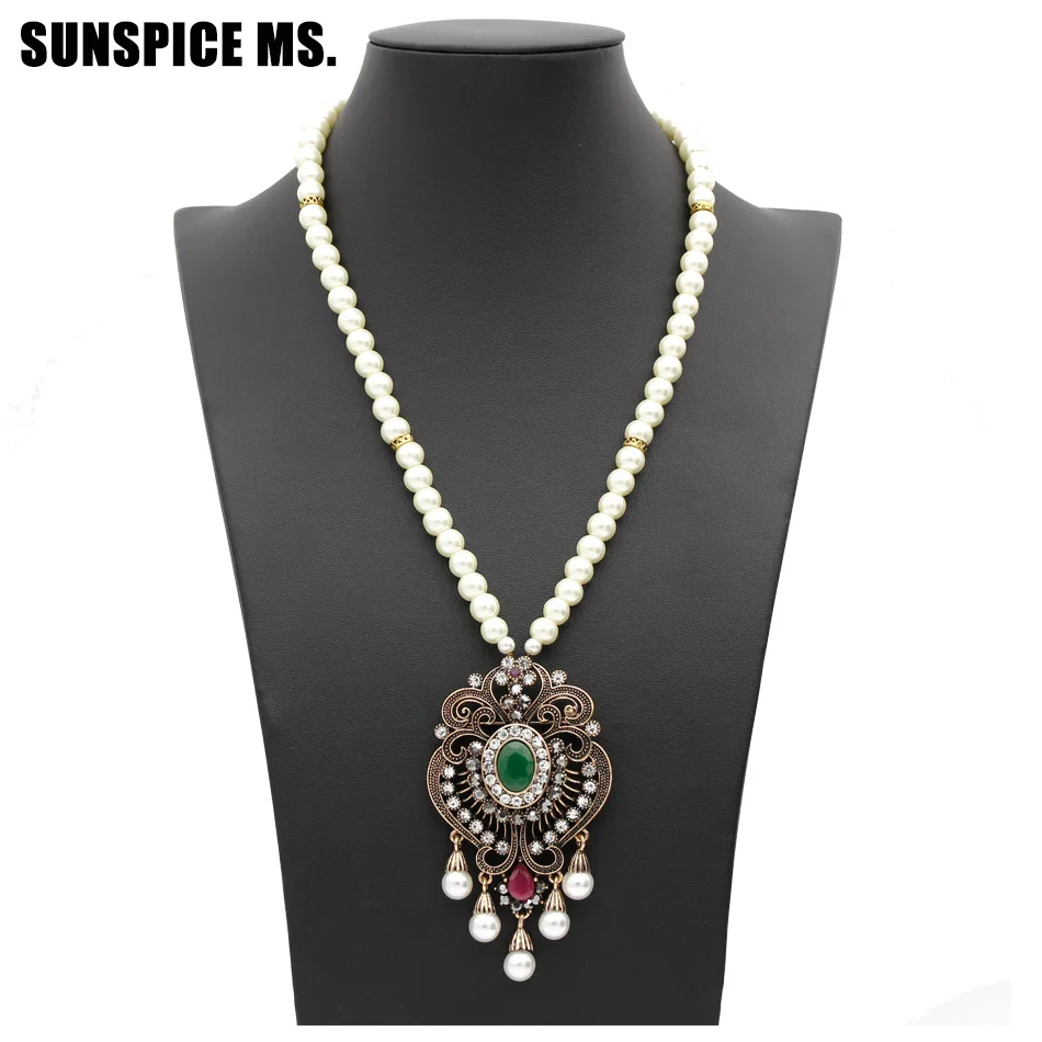 Vintage Flower Strand Bead Pendant Necklace Set Women Antique Simulated-pearl Chain Turkish Bridal Indian Wedding Resin Jewelry