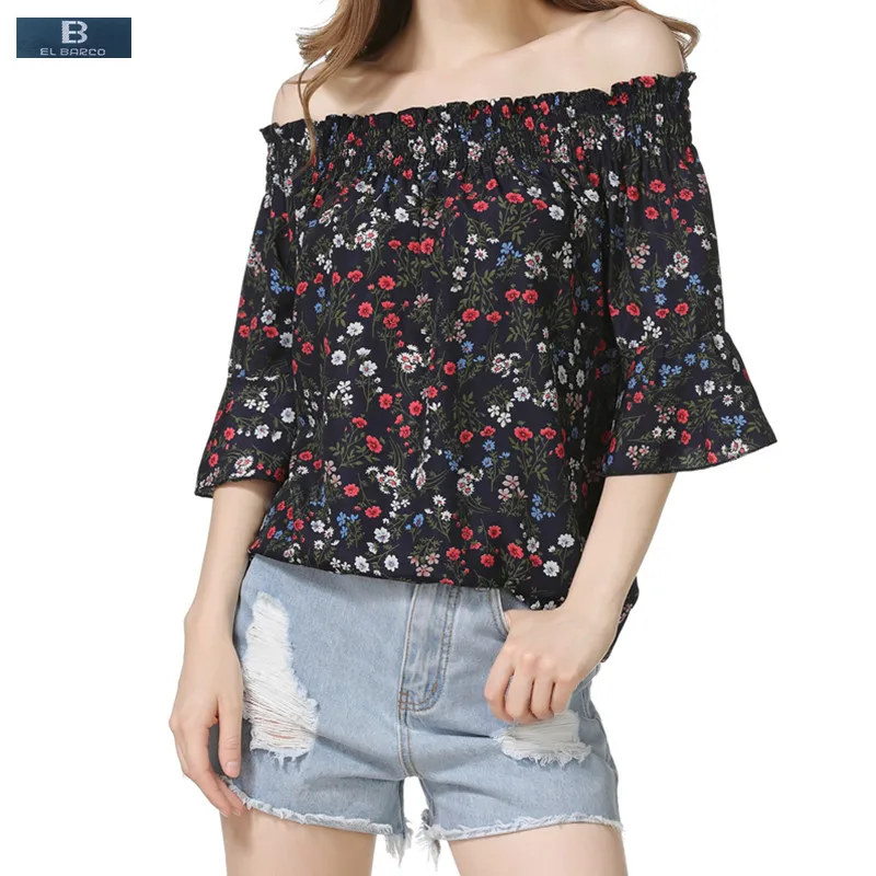 [EL BARCO] 2017 Mùa Hè Cotton Linen Slash-Cổ Nữ Voan Áo Sơ Mi Hoa-In Bướm-tay áo Lady Vintage Casual Top