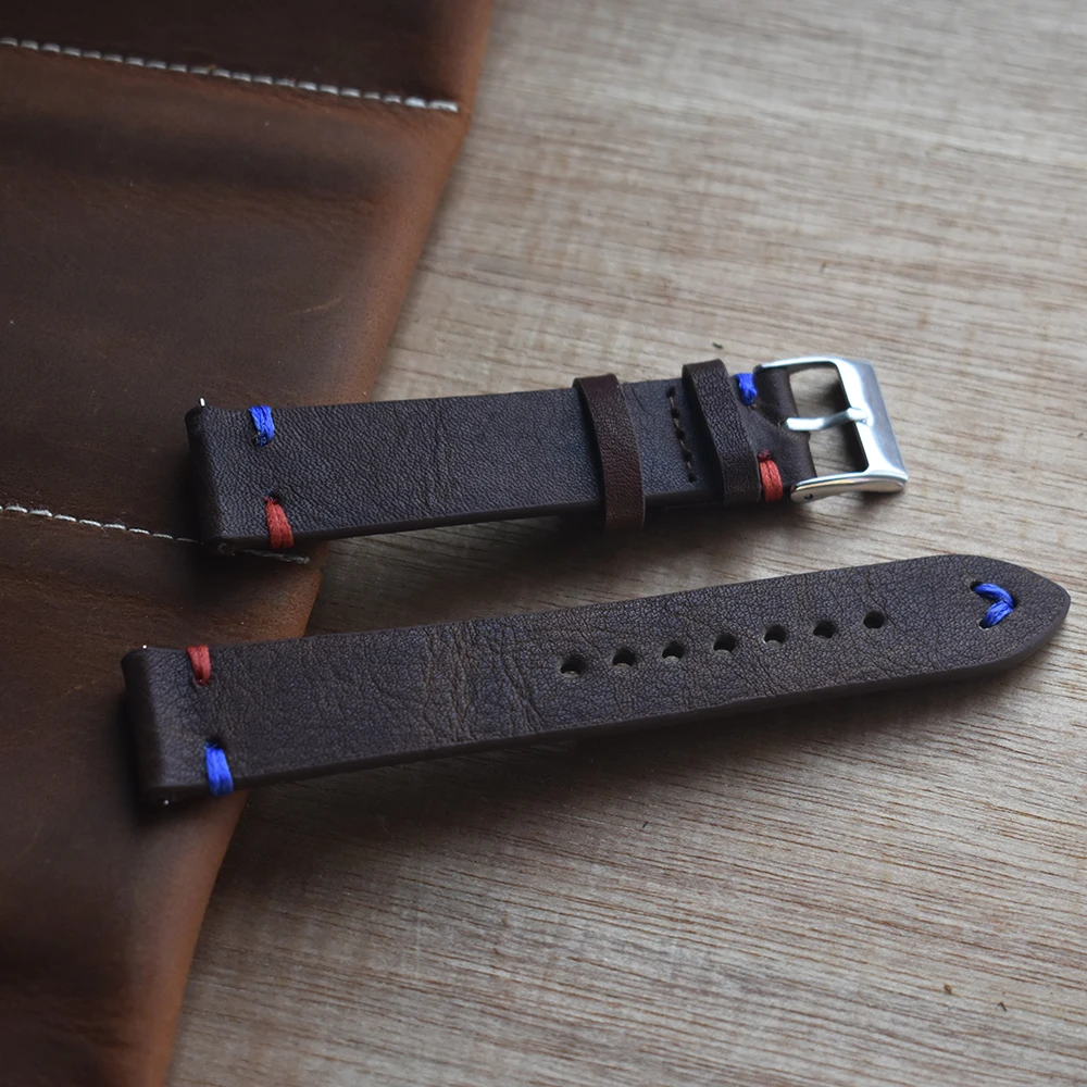 Handmade WatchBand Genuine Soft Leather Strap Watch Wristband Replacement 18 20 22 24 mm Dark Brown Red with Blue Stitching