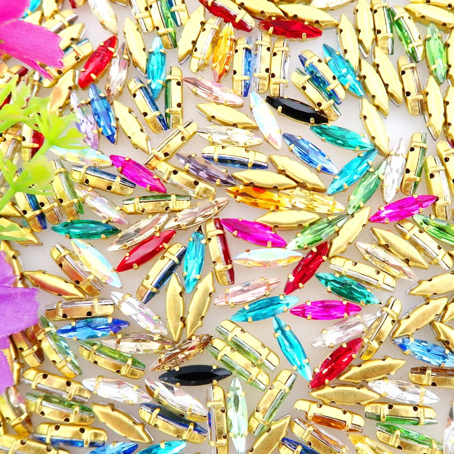 Navette Pferdeaugenform Glas Kristallklar & Jelly Candy AB 4*15mm 50 Stück/Beutel Goldfassung Zum Aufnähen Strassperlen – Detail 1